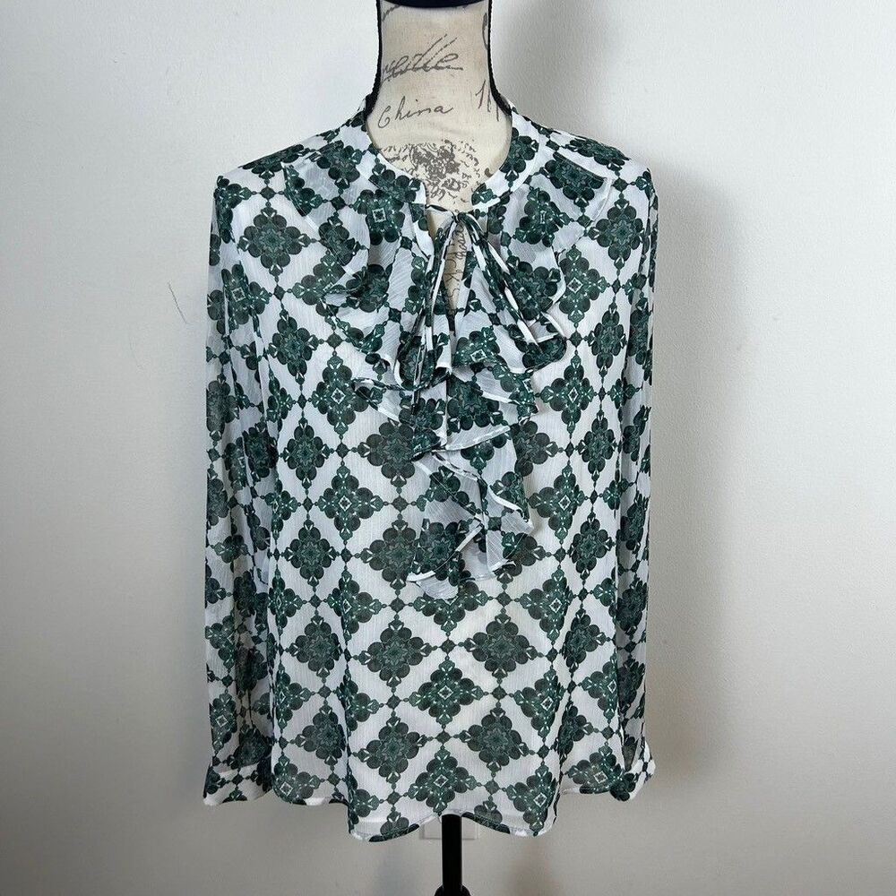 Tommy Hilfiger Blouse Womens Medium Green White Geometric Ruffle Neck Tie Top